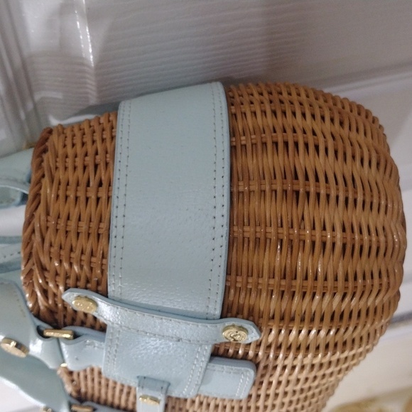 Samantha Thavasa Yellow Straw and Blue Leather Rattan Bag, Drawstring Handbag - Picture 2 of 14